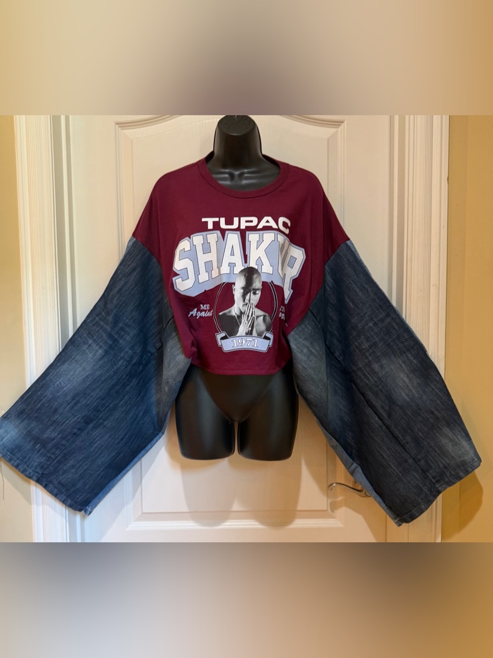 Upcycled Maroon Tupac Graphic kimono style Denim-Balloon Sleeve tee size L/XL